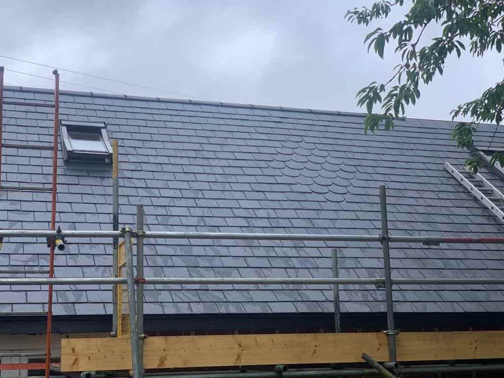 This is a photo of a new slate roof installation. This work was carried out by Oswestry Roofing