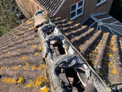 This is a photo of a damaged roof before the roofing repairs. This work was carried out by Oswestry Roofing